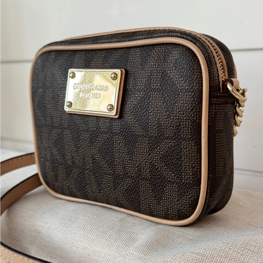Michael Kors Dark Brown Monogram Camera Crossbody Bag with Gold Accents